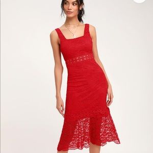 NEW Lulu’s Vibrant Life Red Lace Trumpet Hem Midi Dress